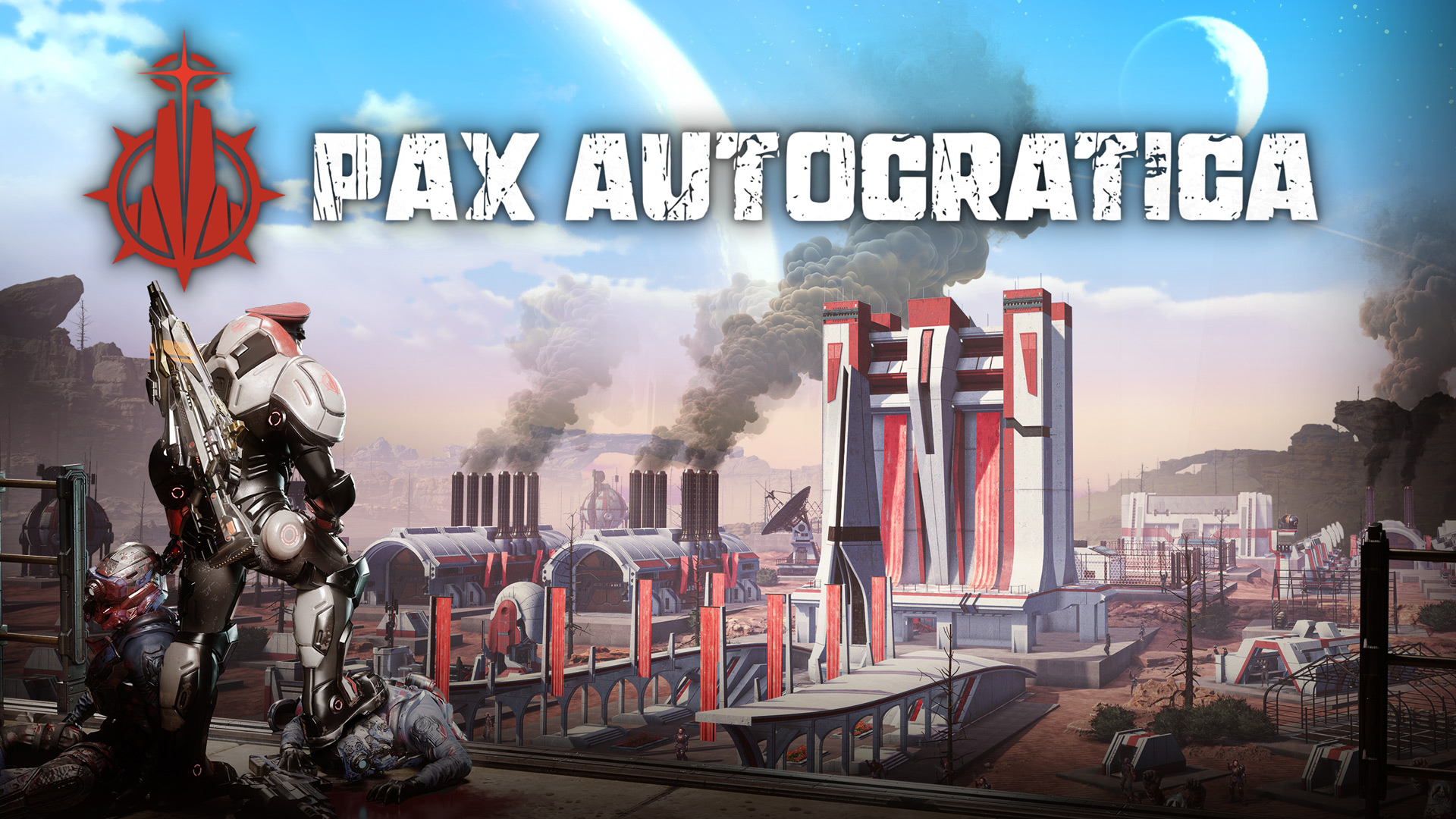 PAX AUTOCRATICA gameplay screenshot showing FPS combat elements and colony simulation
